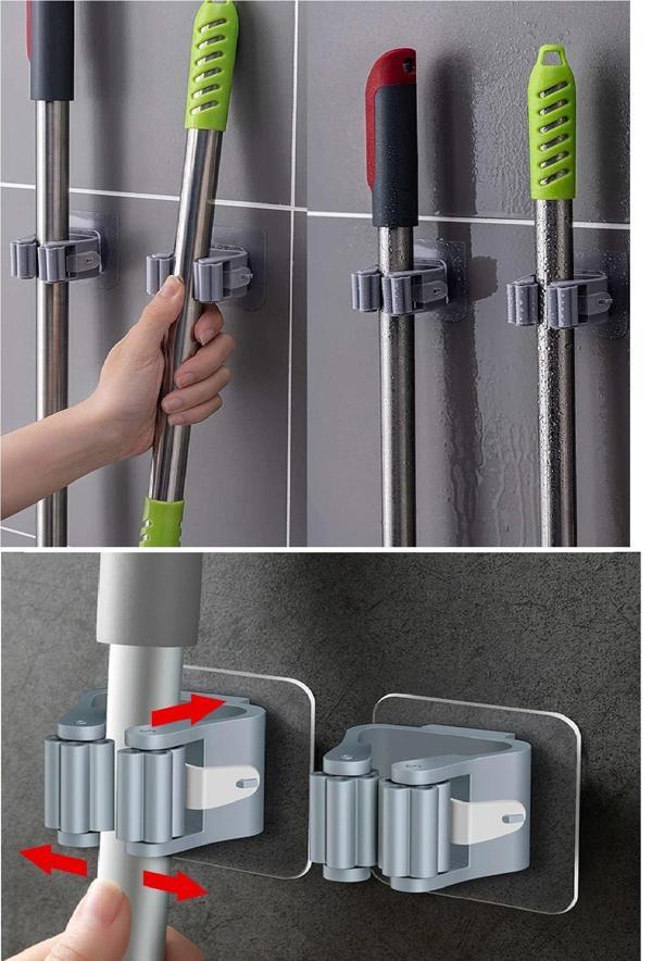 3 Lü Renkli  Yapışkanlı Mop Fırça Çek pas Sap Tutucu Organizer Mutfak Banyo Düzenleyici - Image 1