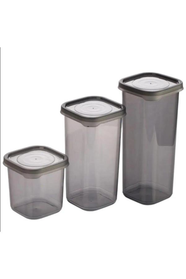 3 Adet 3 Boy Plastik Kavanoz Saklama Kabı Kapaklı Kare Model - Image 1