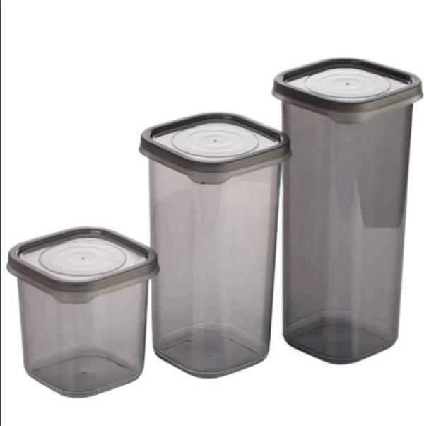 3 Adet 3 Boy Plastik Kavanoz Saklama Kabı Kapaklı Kare Model - Image 1