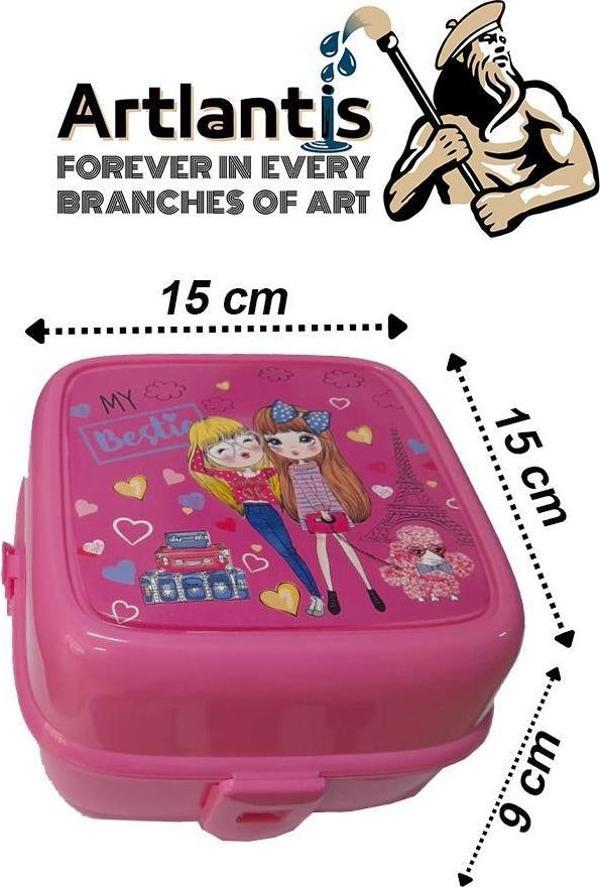 Beslenme Kutusu 4 Bölmeli Pembe Renk Kız Figürlü 1 Adet Yemek Saklama Kabı Beslenme Çantası - Image 1