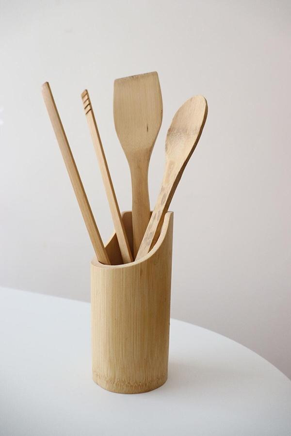 Standlı Bambu Kaşık Seti 4 Parça - Maşa - Kaşık - Spatula - Image 1
