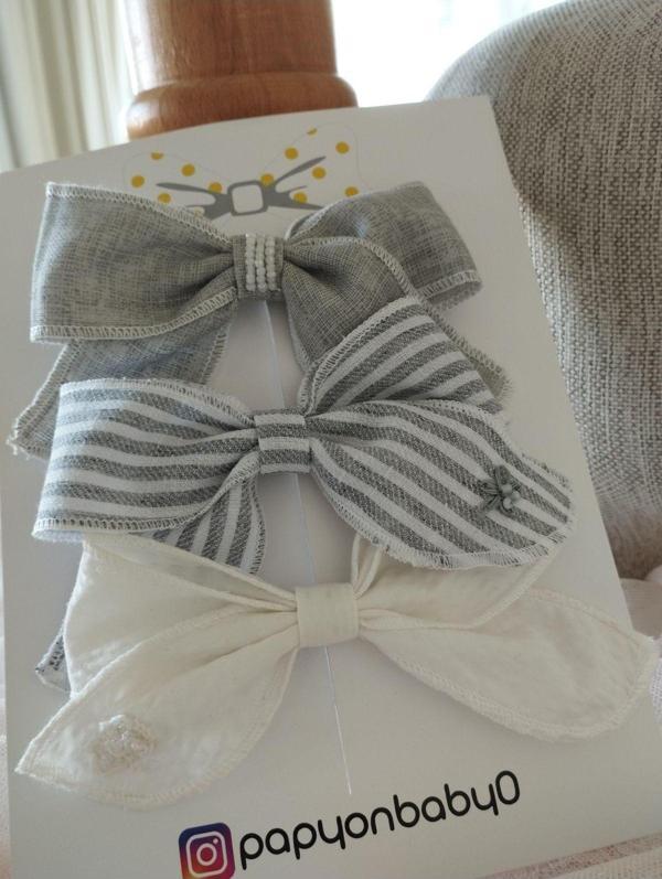 Papyonbaby0 3'Lü Set Fiyonk Toka - Gri - Organik & El Yapımı - Image 1
