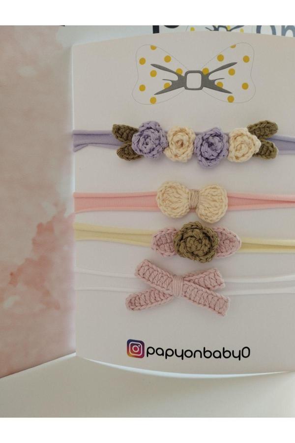 Papyonbaby0 4'Lü Set Örgü Motifli Saç Bandı - Çok Renkli - Organik & El Yapımı - Image 1