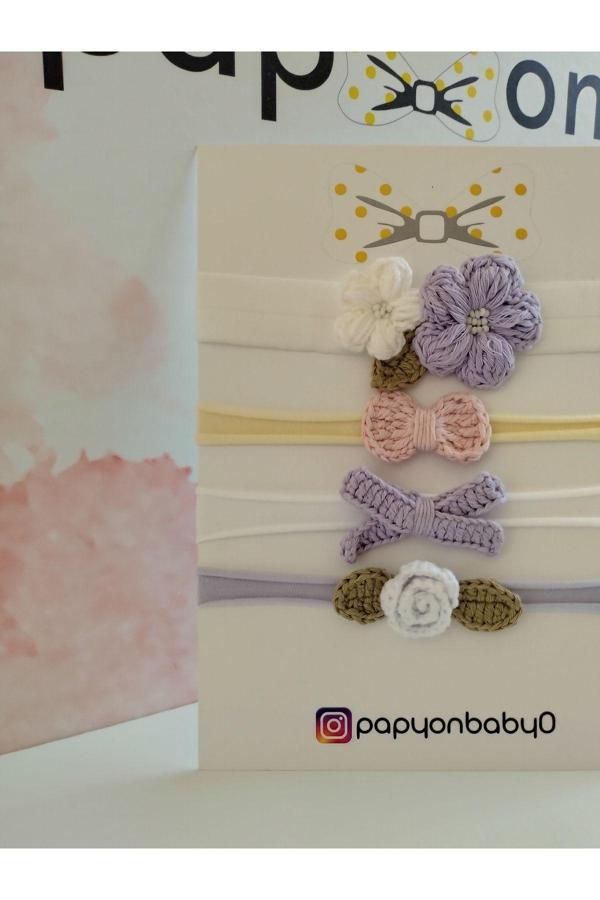 Papyonbaby0 4'Lü Set Örgü Motifli Saç Bandı - Çok Renkli - Organik & El Yapımı - Image 1