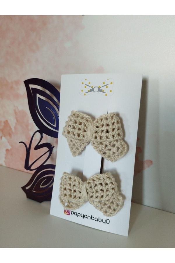 Papyonbaby0 2'Li Set Örgü Fiyonk Toka - Camel - Organik & El Yapımı - Image 1