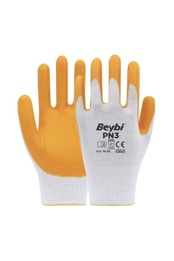Beybi Pn3 Polyester Örme Nitril Eldiven Beyaz-Sarı No:9 (L) 120 Çift - Image 1