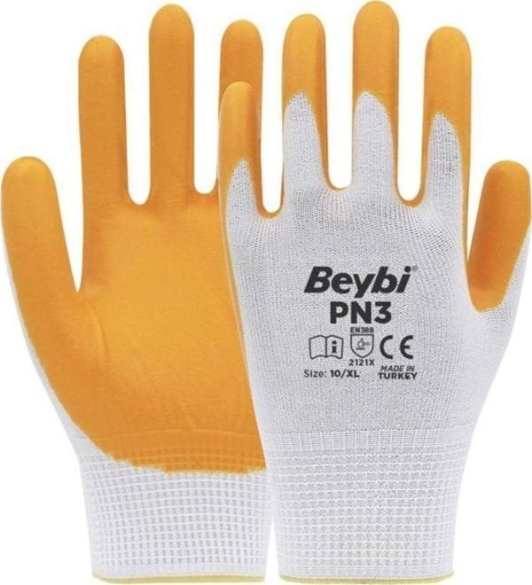 Beybi Pn3 Polyester Örme Nitril Eldiven Beyaz-Sarı No:9 (L) 120 Çift - Image 1