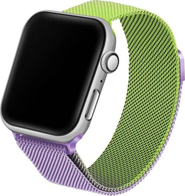Coverzone Apple Watch 3-4-5-6 42mm Uyumlu Hasır Örme Metal Vistoso Kordon Yeşil Lila - Image 1