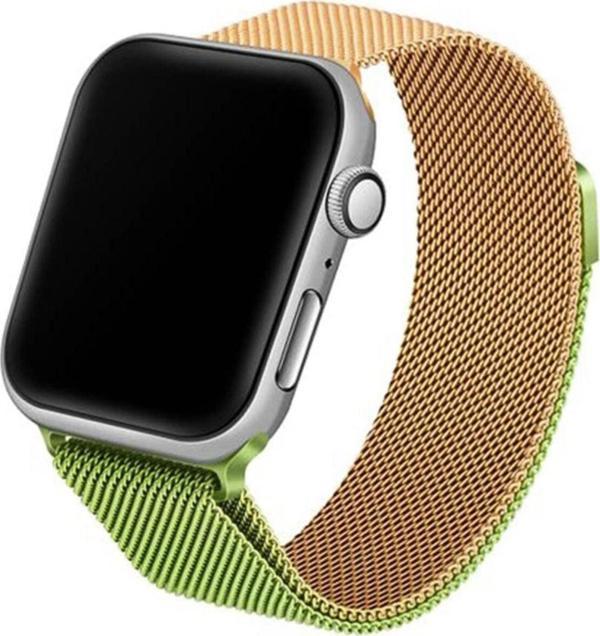 Coverzone Apple Watch 3-4-5-6 44mm Uyumlu Hasır Örme Metal Vistoso Kordon Gold Yeşil - Image 1