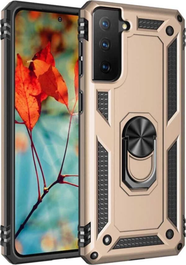 Coverzone Galaxy S21 Ultra Kılıf Shockproof Yüzük Tutuculu Vega Gold - Image 1