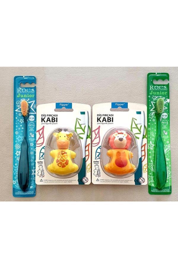 R.O.C.S. Junior Mavi-Yeşil Diş Fırçası Ve Aslan-Zürafa Flipper Diş Fırça Kabı Seti - Image 1