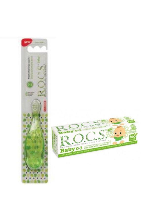 R.O.C.S. 0-3 Yaş Bebek Diş Fırçası Yeşil+Papatya Özlü Diş Macunu - Image 1