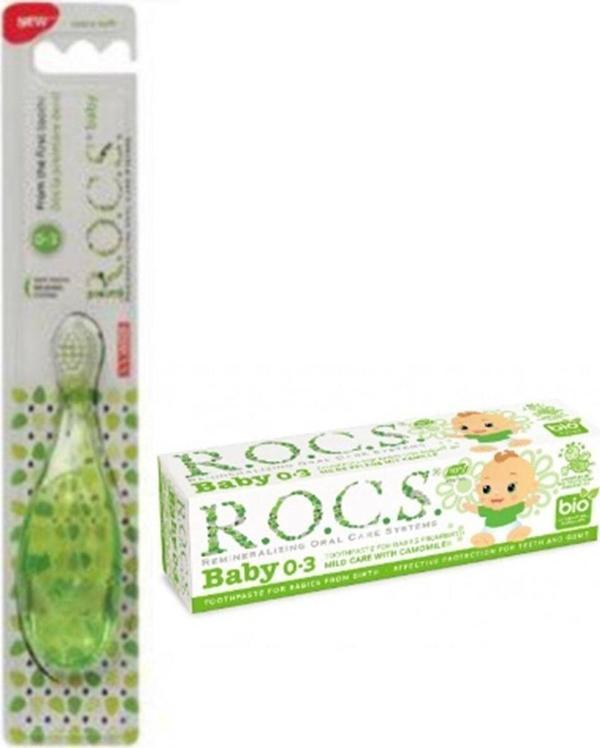 R.O.C.S. 0-3 Yaş Bebek Diş Fırçası Yeşil+Papatya Özlü Diş Macunu - Image 1