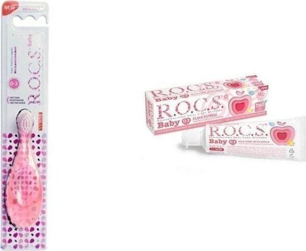 R.O.C.S. 0-3 Yaş Diş Fırçası Pembe + Elma Püresi Florürsüz Diş Macunu 35 Ml 0-3 Yaş - Image 1