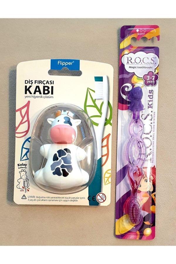 R.O.C.S. 3-7 Yaş Diş Fırçası Mor Ve Inek Figürlü Flipper Diş Fırça Kabı - Image 1