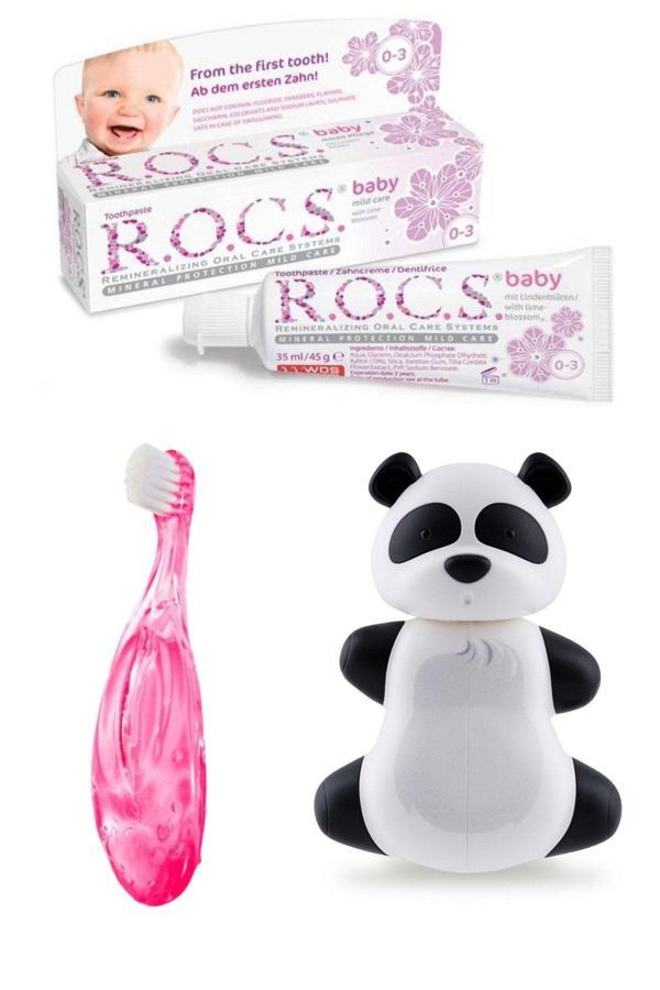 R.O.C.S. Baby Komple Ağız Bakım Seti - Bebek Diş Macunu + Bebek Diş Fırçası + Flipper Saklama Panda - Image 1