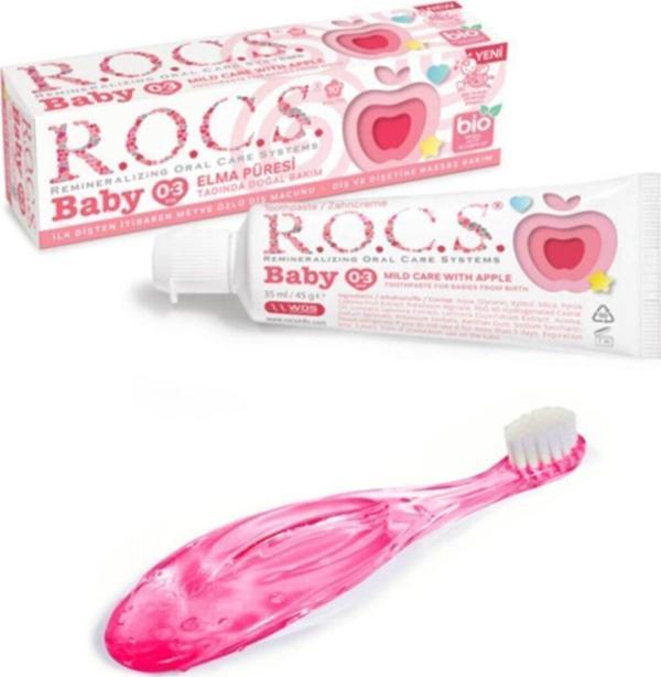 R.O.C.S. Baby 0-3 Yaş Elma Püresi Tadında Diş Macunu 45G + Pembe Diş Fırçası Seti - Image 1