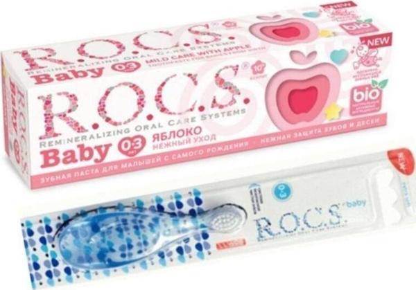 R.O.C.S. 0-3 Yaş Elma Püresi Aromalı Florürsüz 35 Ml Diş Macunu Ve 0-3 Yaş Diş Fırçası Mavi - Image 1