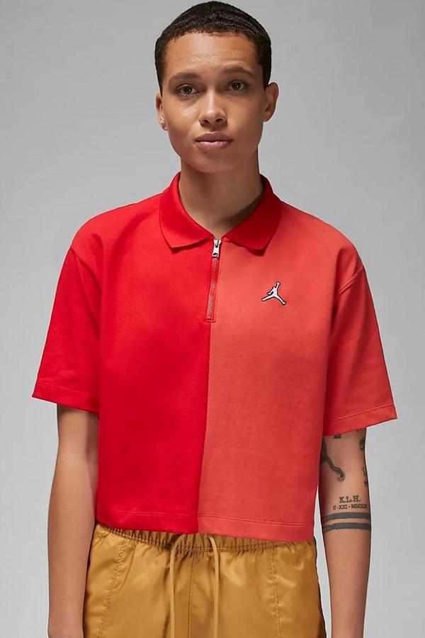 Nike Jordan Flight Loose Fit 1/4 Zip T-shirt Kadın 1/4 Fermuar Gömlek Yakalı Bol Kalıp Kısa Tişört Kırmızı - Image 1