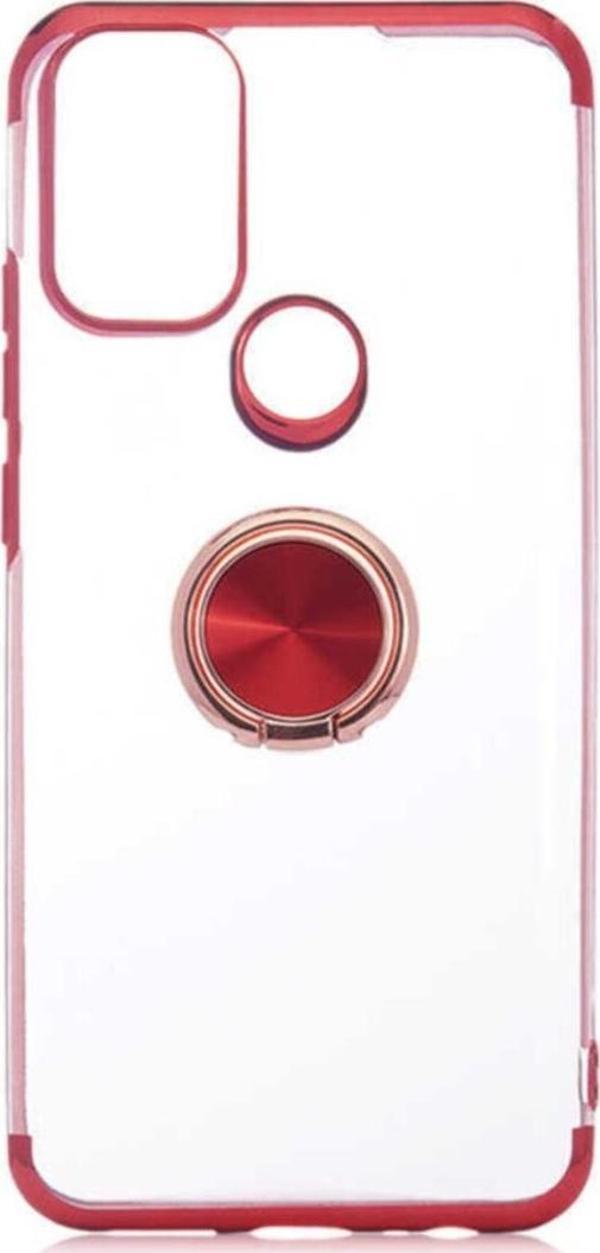 Coverzone General Mobile 21 Plus Uyumlu Kılıf Dört Köşeli Yüzük Tutuculu Şeffaf Silikon Reverse Kırmızı - Image 1