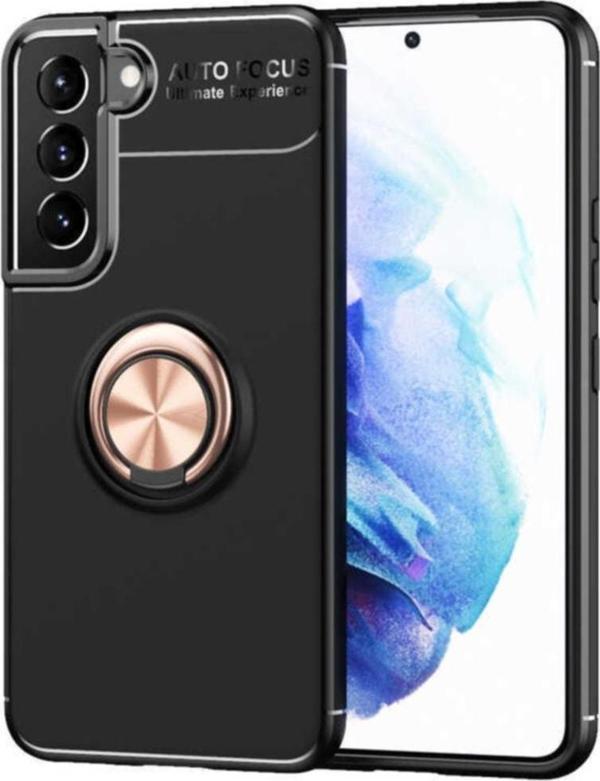 Coverzone Galaxy S22 Kılıf Ravel Yüzük Tutuculu Standlı Silikon Siyah-rosegold - Image 1