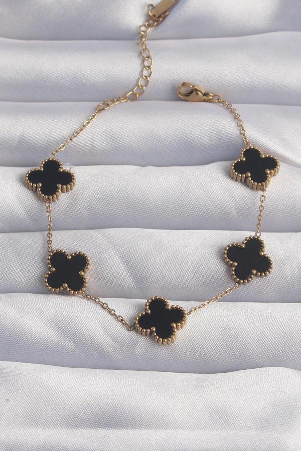 316L Çelik Gold Renk Siyah Mineli Yonca Bileklik 6258 - Image 1