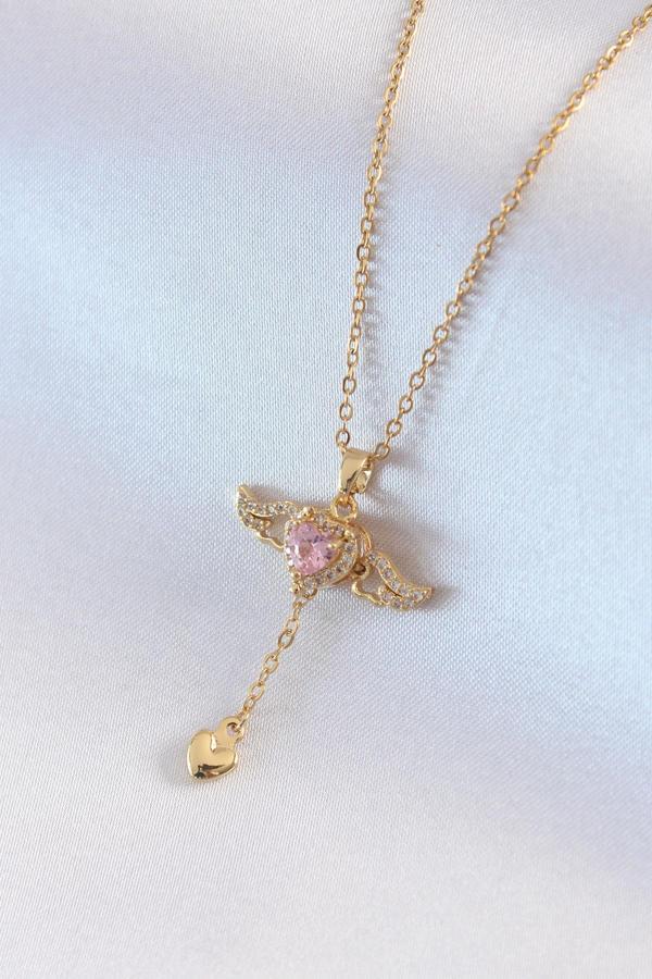 316L Çelik Gold Renk Kanatlı Kalp Model Zirkon Taş Detay Kadın Kolye 7411 - Image 1