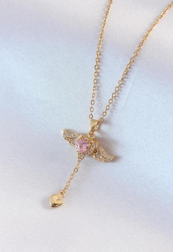 316L Çelik Gold Renk Kanatlı Kalp Model Zirkon Taş Detay Kadın Kolye 7411 - Image 1