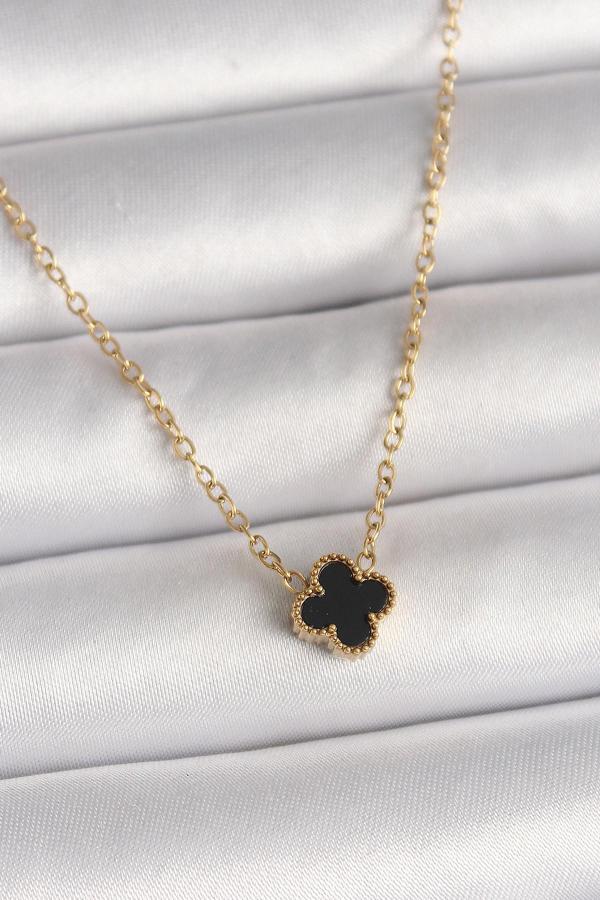 316L Çelik Gold Renk Siyah Yonca Model Kadın Kolye 10021 - Image 1