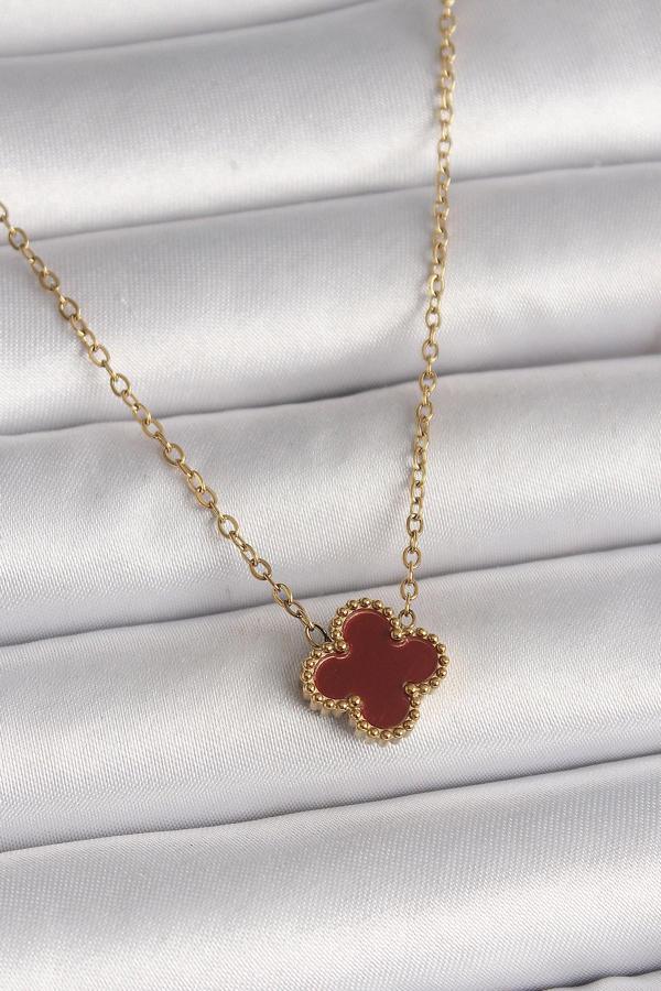 316L Çelik Gold Renk Bordo Yonca Model Kadın Kolye 10018 - Image 1