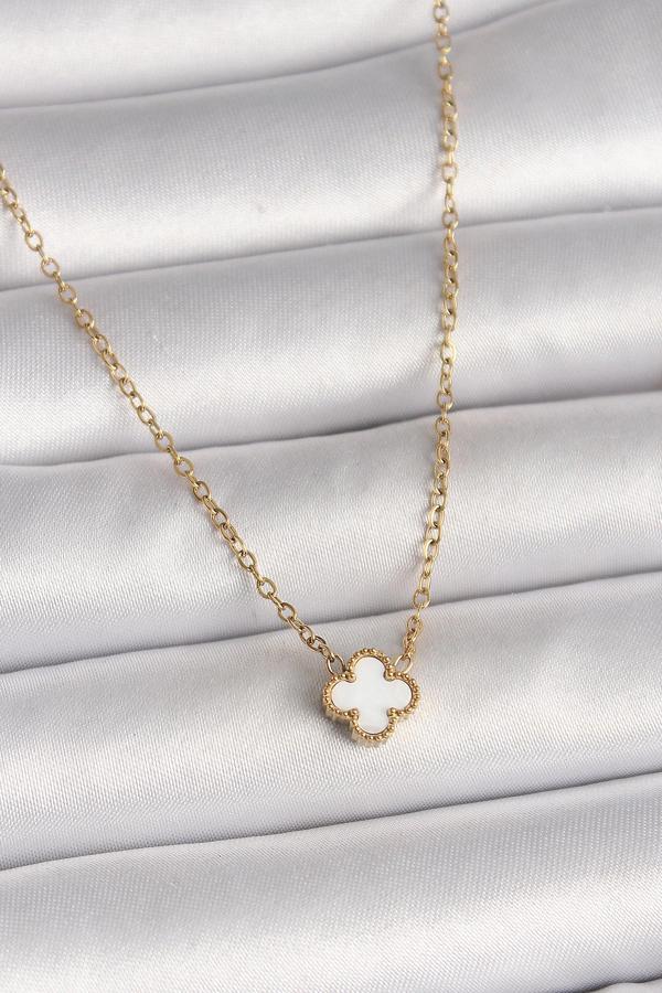 316L Çelik Gold Renk Beyaz Yonca Model Kadın Kolye 10019 - Image 1