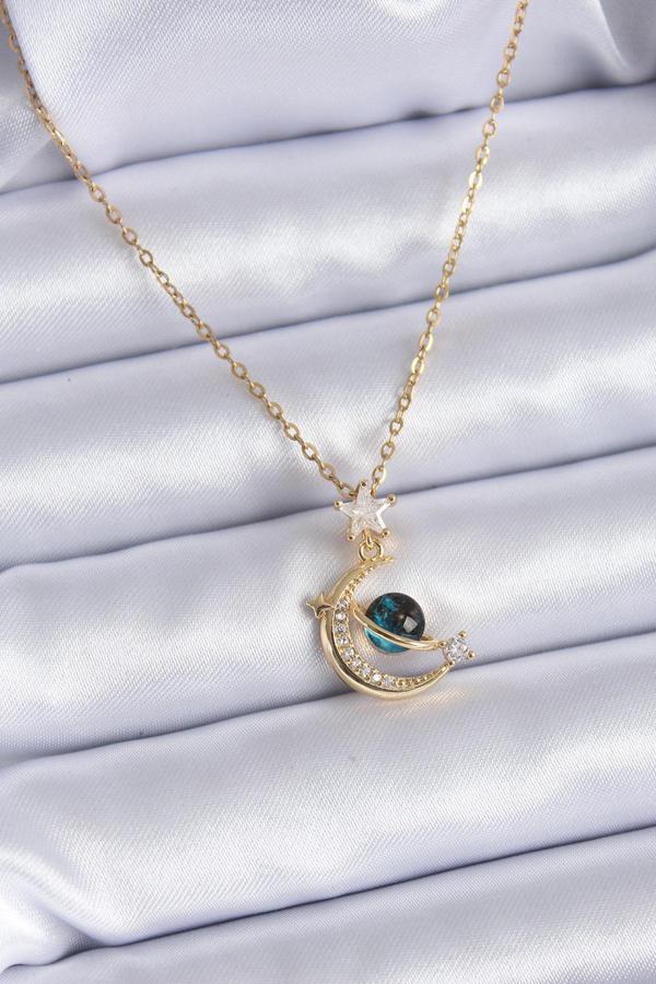 316L Çelik Gold Renk Zirkon Taşlı Hilal Model Kadın Kolye 7690 - Image 1