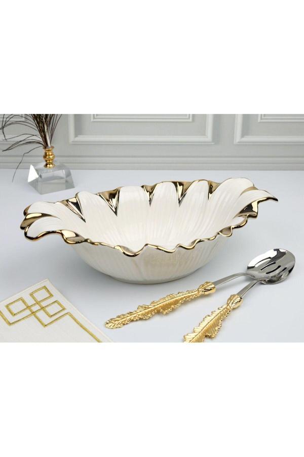 Roy King Flora Gold Oval Derin Sunum Tabak 37*22*9 Cm - Image 1