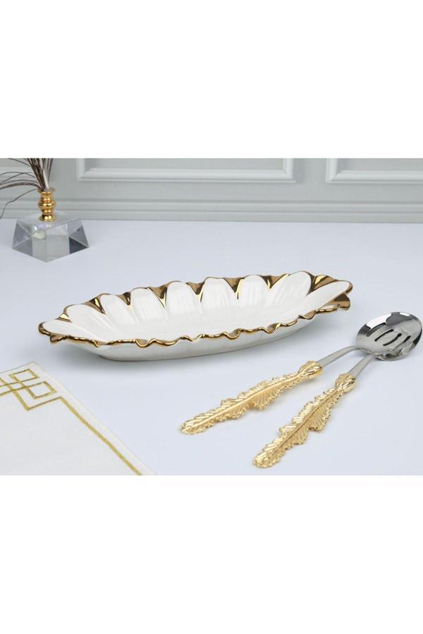 Roy King Flora Gold Oval Derin Sunum Tabak 33*14*4 Cm - Image 1