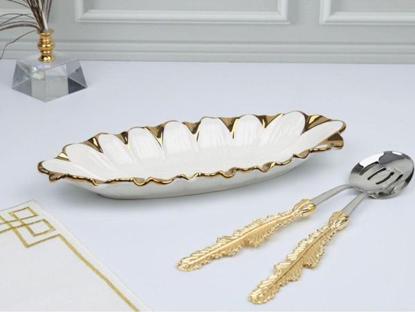 Roy King Flora Gold Oval Derin Sunum Tabak 33*14*4 Cm - Image 1
