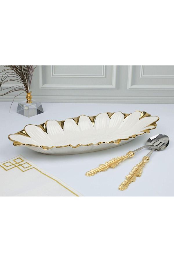Roy King Flora Gold Oval Derin Sunum Tabak 44*20*6 Cm - Image 1