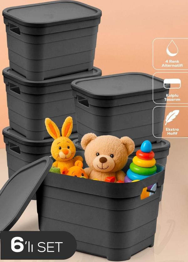 6'lı Kapaklı 5 Litre Saklama Kutusu Antrasit - Image 1
