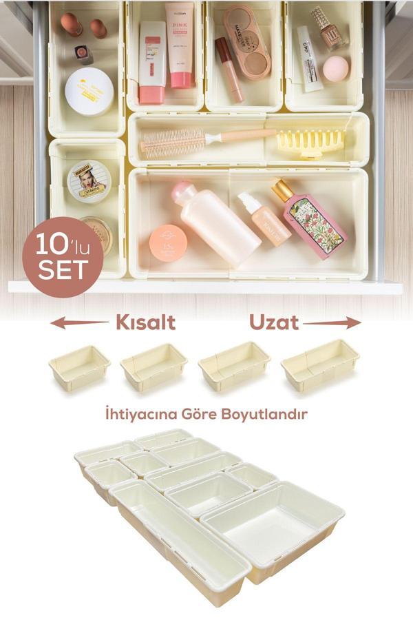 10'lu Set Ayarlanabilir Çekmece Içi Düzenleyici Kutu – Uzayıp Kısalabilen Organizer Seti (5A2B2C1D) - Image 1