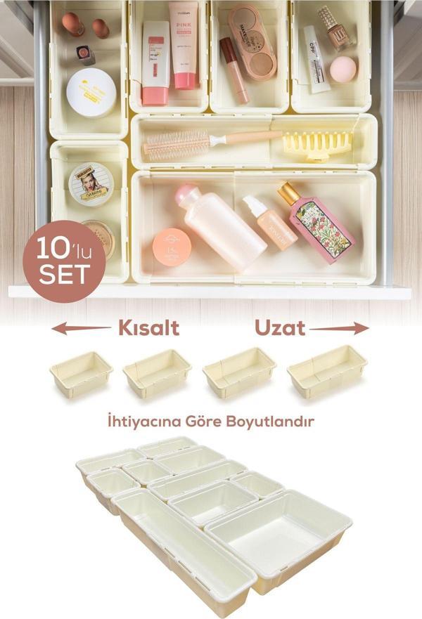 10'lu Set Ayarlanabilir Çekmece Içi Düzenleyici Kutu – Uzayıp Kısalabilen Organizer Seti (5A2B2C1D) - Image 1