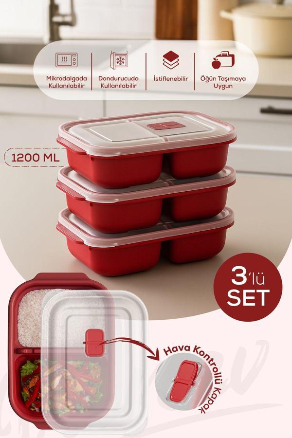 Kapaklı 3’lü Mikrodalgaya Uygun Bölmeli Dikdörtgen Saklama Kabı Seti - 1200 ml - Image 1