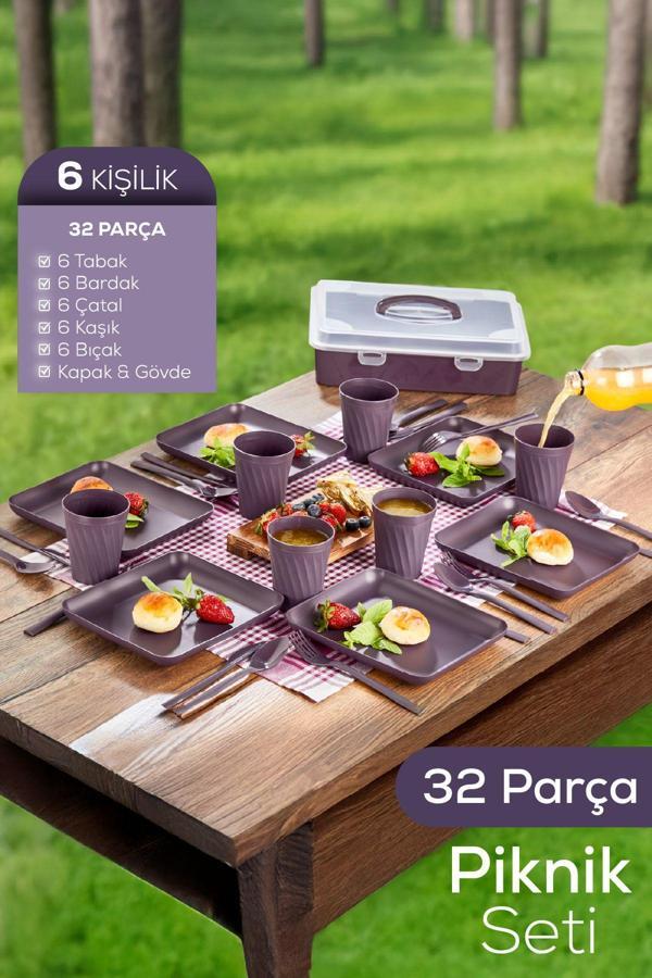 32 Parça 6 Kişilik Taşınabilir Piknik Seti - Saklama Kutulu Mor - Image 1
