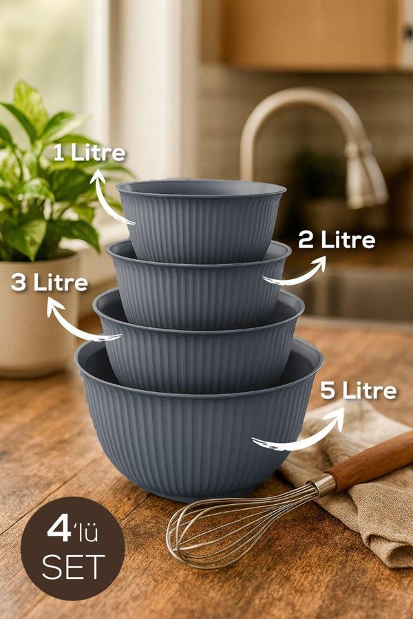 4'lü Mega Boy Plastik Karıştırma ve Saklama Kase Seti | 1L, 2L, 3L, 5L Antrasit - Image 1