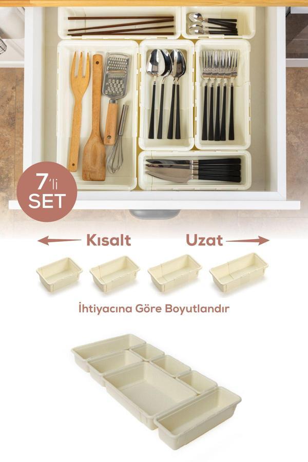 7'li Set Ayarlanabilir Çekmece Içi Düzenleyici Kutu – Uzayıp Kısalabilen Organizer Seti (3A2B1C1D) - Image 1