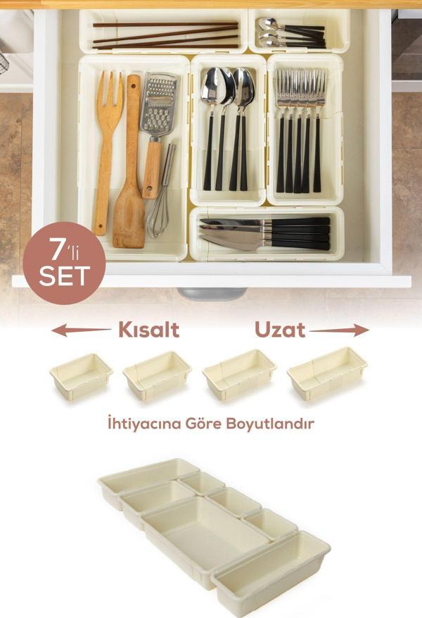 7'li Set Ayarlanabilir Çekmece Içi Düzenleyici Kutu – Uzayıp Kısalabilen Organizer Seti (3A2B1C1D) - Image 1