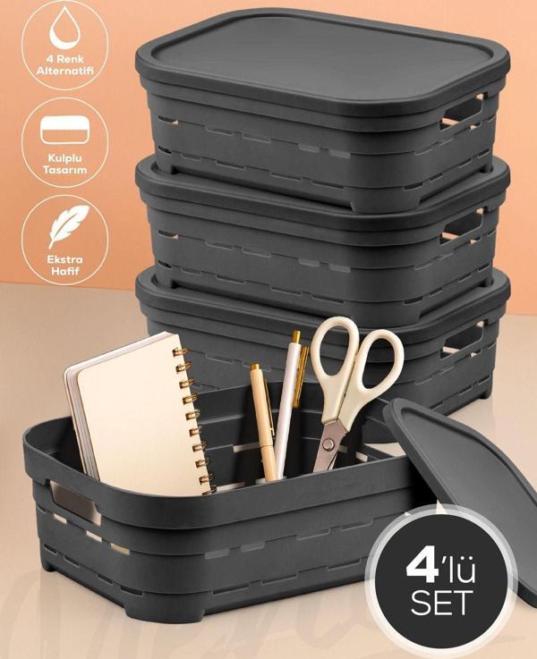 4'lü Kapaklı 2,8 Litre Delikli Saklama Kutusu Antrasit - Image 1