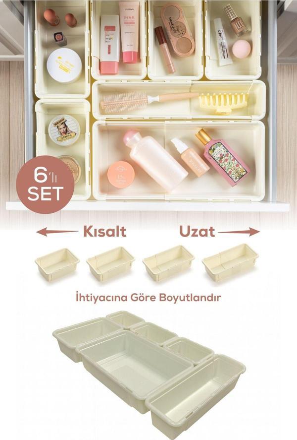 6'lı Set Ayarlanabilir Çekmece Içi Düzenleyici Kutu – Uzayıp Kısalabilen Organizer Seti (3A1B1C1D) - Image 1