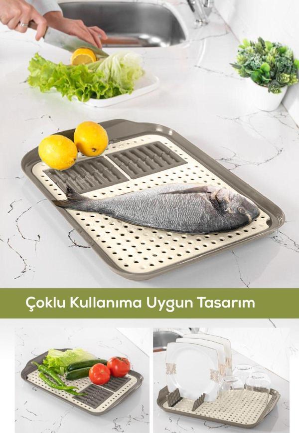 Çok Amaçlı Süzgeçli Kurutma Tepsisi | Sebze, Balık Ve Bulaşık Için Pratik Kullanım Bej - Image 1