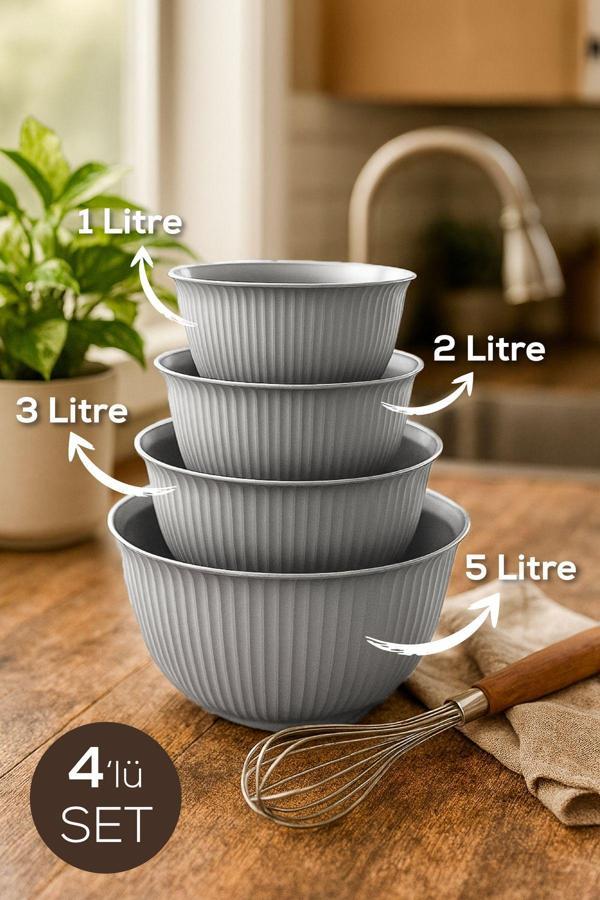 4'lü Mega Boy Plastik Karıştırma ve Saklama Kase Seti | 1L, 2L, 3L, 5L Gri - Image 1