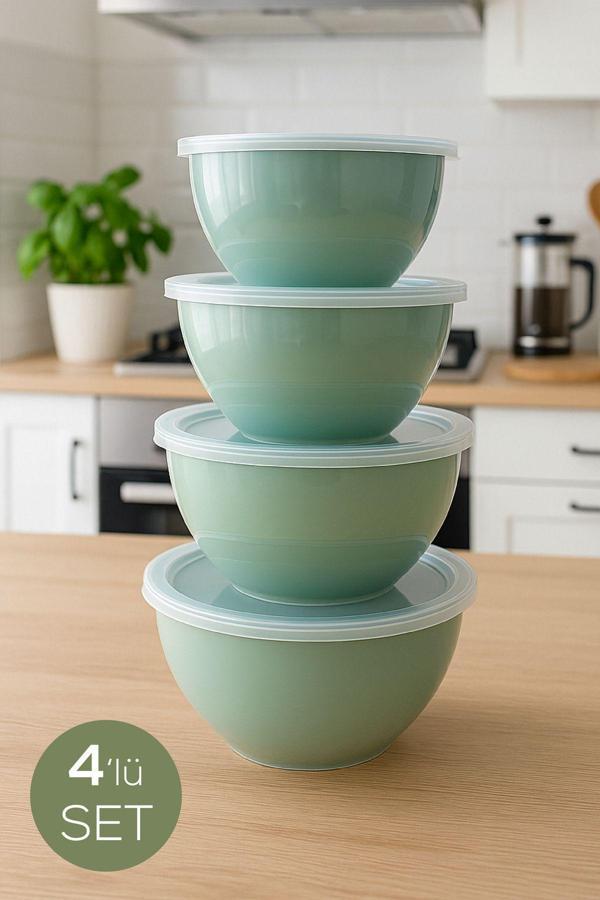 4’lü Yuvarlak Kase Seti Mint Yeşili | 1l, 1.5l, 2.3l, 3.3l | Kapaklı Çok Amaçlı Mutfak Saklama Kabı - Image 1
