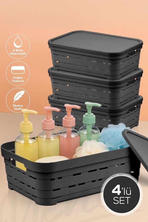 4'lü Kapaklı 8,2 Litre Delikli Saklama Kutusu Antrasit - Image 1